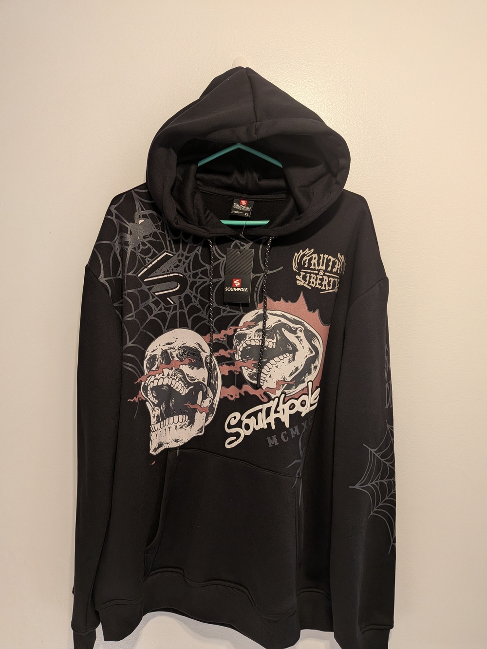 South Pole Black Hoodie with Skull & Spiderweb Graphics